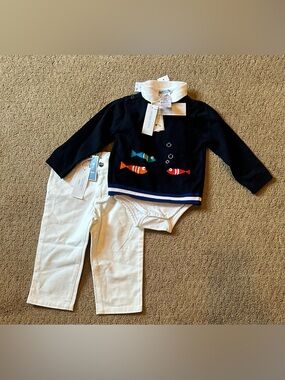 Jacadi Toddler 18M Pant Set White Collared Onesie Sweater Pants NWT
